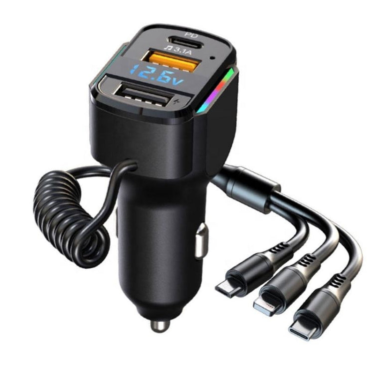 K4 Car 3 in 1 PD + USB Dual Port Fast Charger with Spring Data Cable - Car Charger by buy2fix | Online Shopping UK | buy2fix