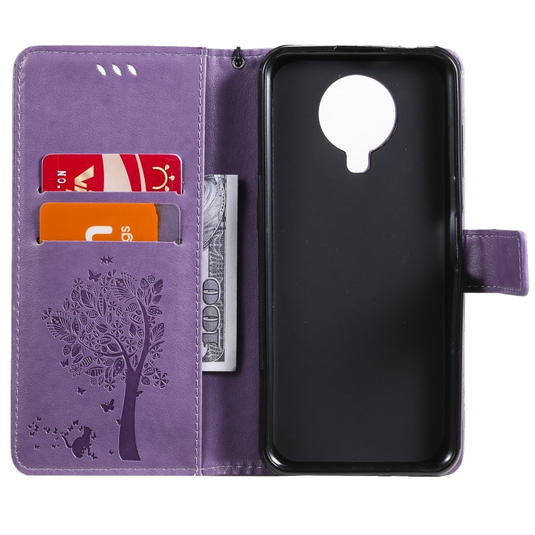 For Nokia G20 Tree & Cat Pattern Pressed Printing Horizontal Flip PU Leather Case with Holder & Card Slots & Wallet & Lanyard(Lavender) - Nokia Cases by buy2fix | Online Shopping UK | buy2fix