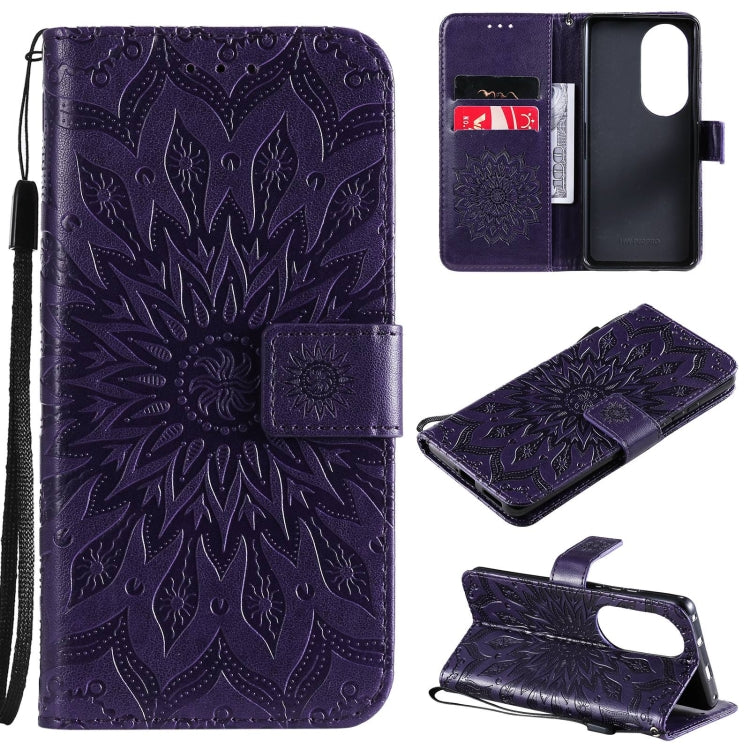 For Huawei P50 Pro Sun Embossing Pattern Horizontal Flip Leather Case with Card Slot & Holder & Wallet & Lanyard(Purple) - Huawei Cases by buy2fix | Online Shopping UK | buy2fix