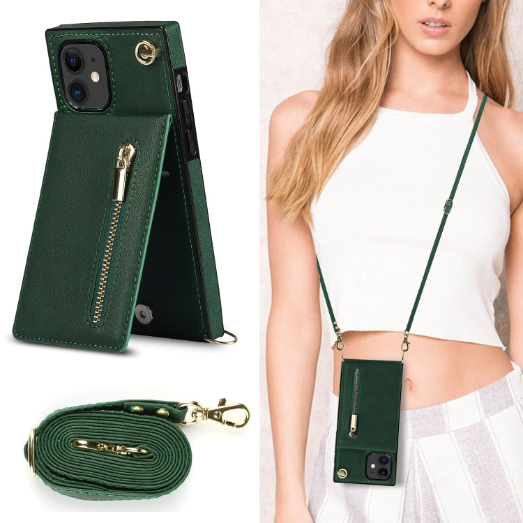 For iPhone 11 Cross-body Zipper Square TPU+PU Back Cover Case with Holder & Card Slots & Wallet & Strap (Green) - iPhone 11 Cases by buy2fix | Online Shopping UK | buy2fix