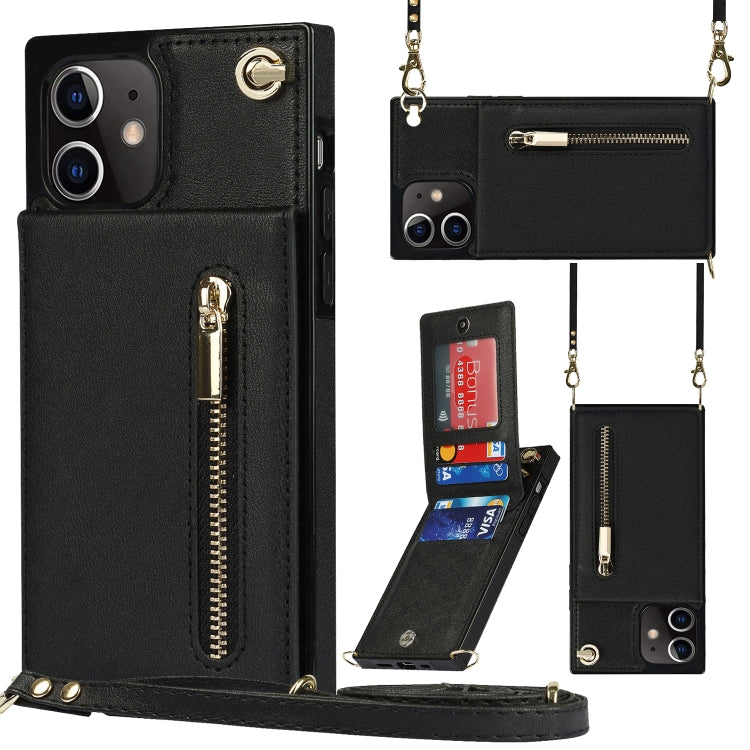 For iPhone 12 / 12 Pro Cross-body Zipper Square TPU+PU Back Cover Case with Holder & Card Slots & Wallet & Strap(Black) - iPhone 12 / 12 Pro Cases by buy2fix | Online Shopping UK | buy2fix