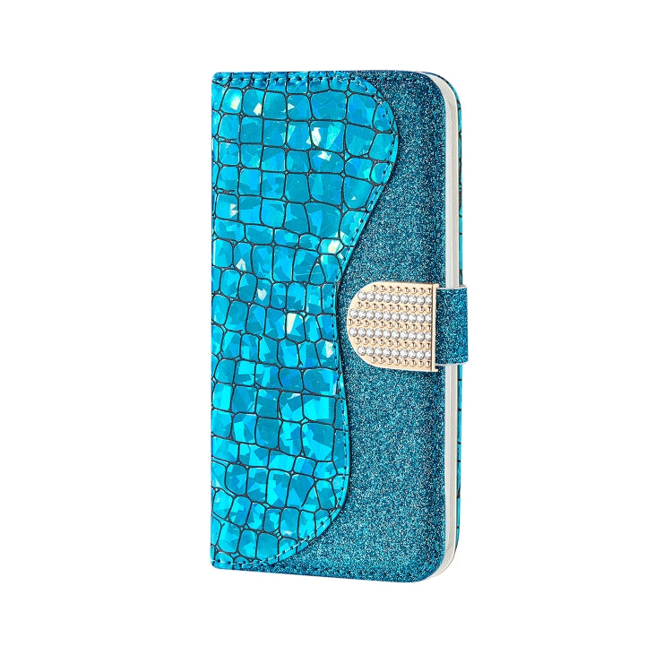 For iPhone 13 Laser Glitter Powder Matching Crocodile Texture Horizontal Flip Leather Case with Card Slots & Holder & Wallet(Blue) - iPhone 13 Cases by buy2fix | Online Shopping UK | buy2fix