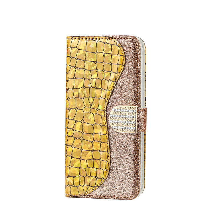 For iPhone 13 mini Laser Glitter Powder Matching Crocodile Texture Horizontal Flip Leather Case with Card Slots & Holder & Wallet (Gold) - iPhone 13 mini Cases by buy2fix | Online Shopping UK | buy2fix