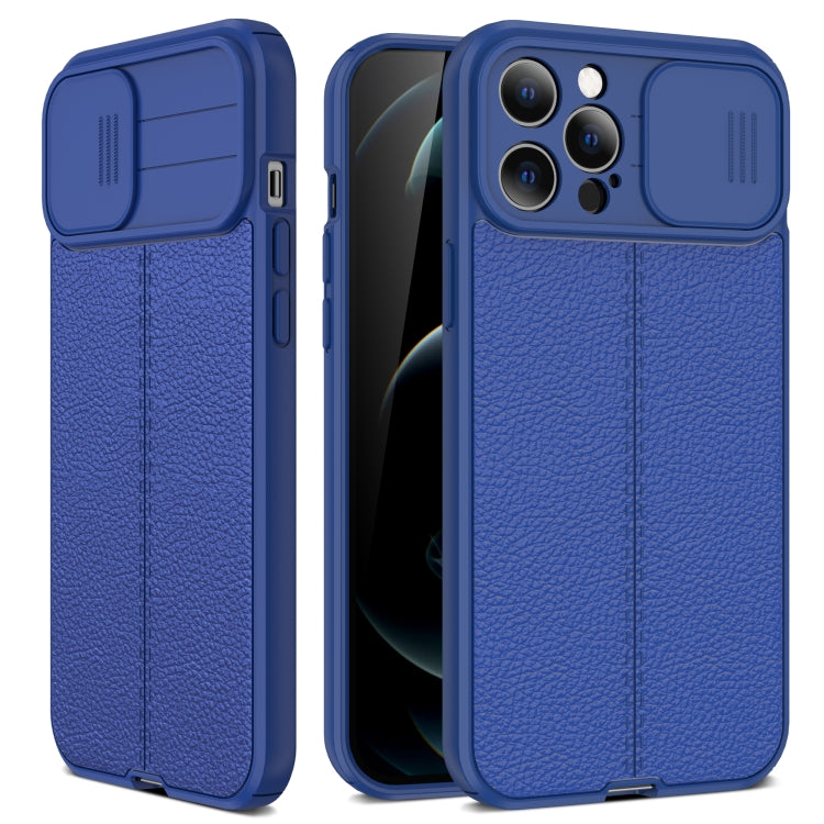 For iPhone 12 mini Litchi Texture Sliding Camshield TPU Protective Case (Blue) - iPhone 12 mini Cases by buy2fix | Online Shopping UK | buy2fix