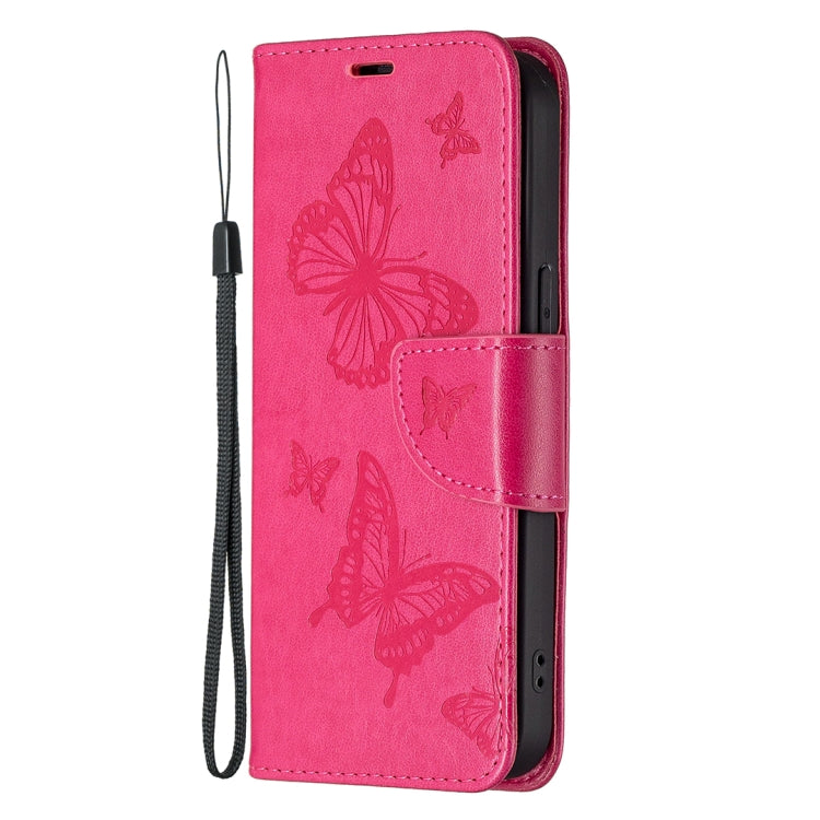 For iPhone 13 mini Embossing Two Butterflies Pattern Horizontal Flip PU Leather Case with Holder & Card Slot & Wallet & Lanyard (Rose Red) - iPhone 13 mini Cases by buy2fix | Online Shopping UK | buy2fix