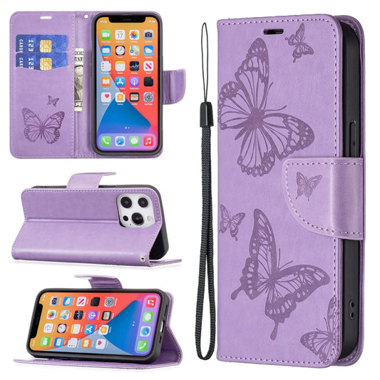 For iPhone 13 Pro Max Embossing Two Butterflies Pattern Horizontal Flip PU Leather Case with Holder & Card Slot & Wallet & Lanyard (Purple) - iPhone 13 Pro Max Cases by buy2fix | Online Shopping UK | buy2fix