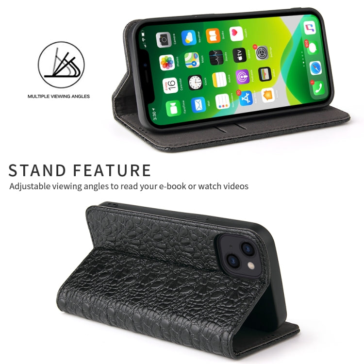 For iPhone 13 Fierre Shann Crocodile Texture Magnetic Horizontal Flip Genuine Leather Case with Holder & Card Slot(Black) - iPhone 13 Cases by FIERRE SHANN | Online Shopping UK | buy2fix