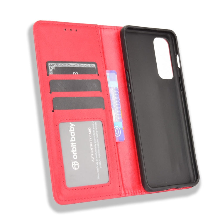 For OnePlus Nord 2 5G Magnetic Buckle Retro Crazy Horse Texture Horizontal Flip Leather Case with Holder & Card Slots & Photo Frame(Red) - OnePlus Cases by buy2fix | Online Shopping UK | buy2fix