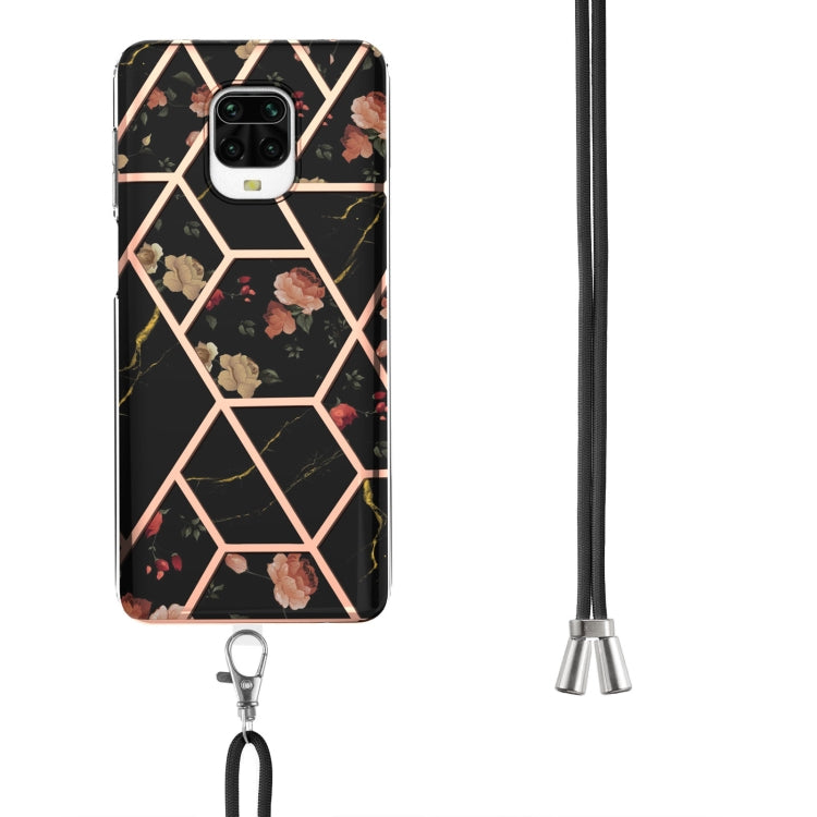 For Xiaomi Redmi Note 9S / Note 9 Pro Electroplating Splicing Marble Flower Pattern TPU Shockproof Case with Lanyard(Black Flower) - Xiaomi Cases by buy2fix | Online Shopping UK | buy2fix