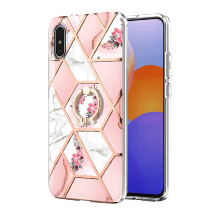 For Xiaomi Redmi 9A Electroplating Splicing Marble Flower Pattern TPU Shockproof Case with Rhinestone Ring Holder(Pink Flower) - Xiaomi Cases by buy2fix | Online Shopping UK | buy2fix