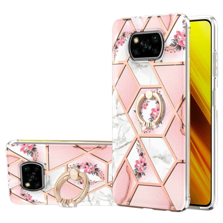 For Xiaomi Poco X3 NFC Electroplating Splicing Marble Flower Pattern TPU Shockproof Case with Rhinestone Ring Holder(Pink Flower) - Xiaomi Cases by buy2fix | Online Shopping UK | buy2fix