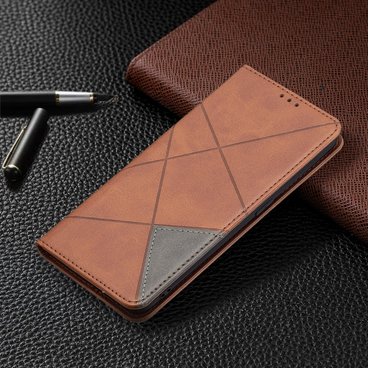 For OPPO A94 5G / F19 Pro Plus / Reno5 Z 5G Rhombus Texture Horizontal Flip Magnetic Leather Case with Holder & Card Slots(Brown) - OPPO Cases by buy2fix | Online Shopping UK | buy2fix