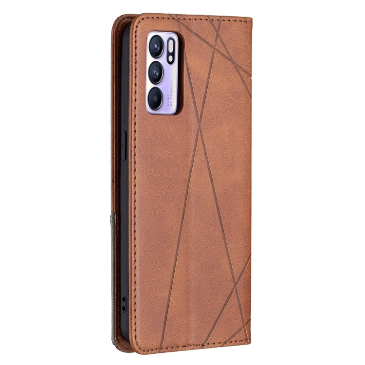 For OPPO Reno6 Rhombus Texture Horizontal Flip Magnetic Leather Case with Holder & Card Slots(Brown) - OPPO Cases by buy2fix | Online Shopping UK | buy2fix