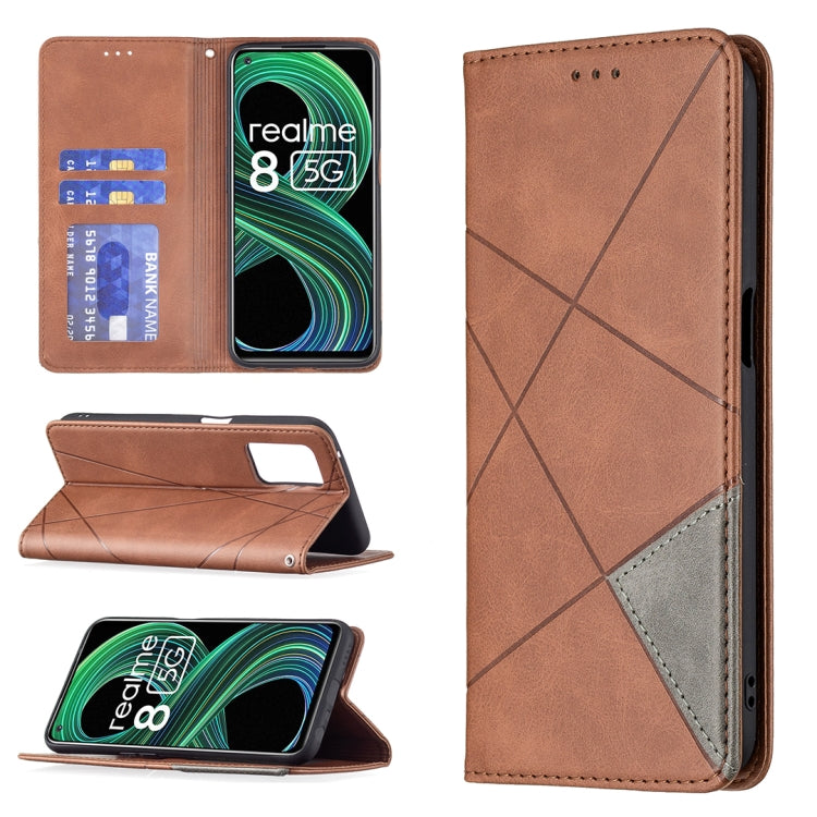 For OPPO Realme 8 5G / V13 Rhombus Texture Horizontal Flip Magnetic Leather Case with Holder & Card Slots(Brown) - Realme Cases by buy2fix | Online Shopping UK | buy2fix