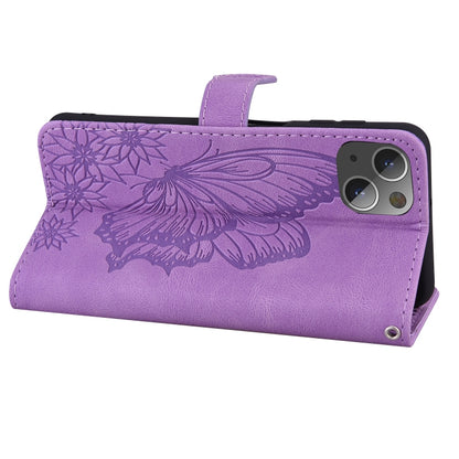 For iPhone 13 Retro Skin Feel Butterflies Embossing Horizontal Flip Leather Case with Holder & Card Slots & Wallet(Purple) - iPhone 13 Cases by buy2fix | Online Shopping UK | buy2fix