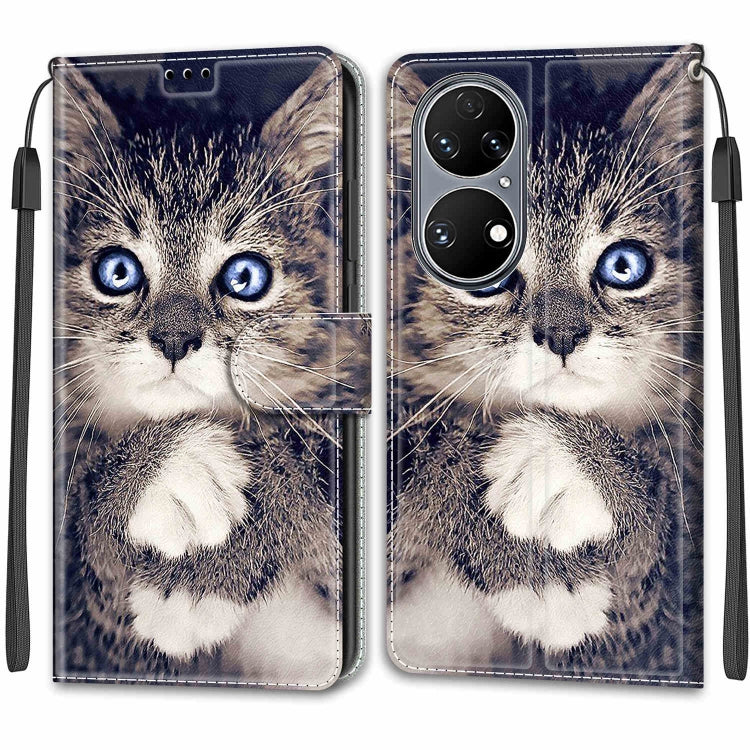 Voltage Coloured Drawing Magnetic Clasp Horizontal Flip PU Leather Case with Holder & Card Slots For Huawei P50(C02 Fork Hand White Claw Cat) - Huawei Cases by buy2fix | Online Shopping UK | buy2fix