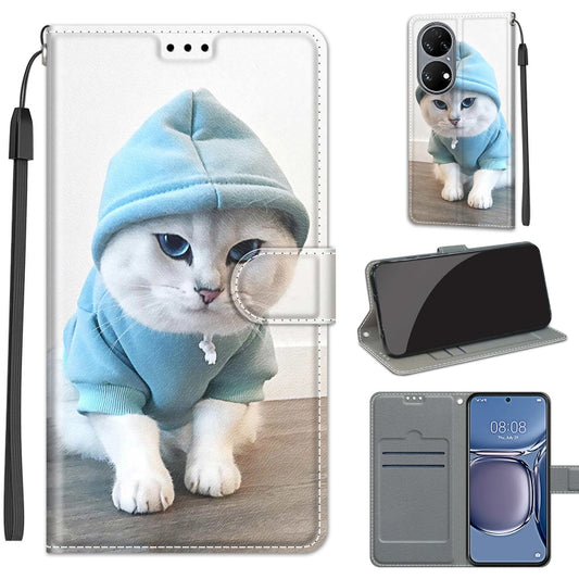 Voltage Coloured Drawing Magnetic Clasp Horizontal Flip PU Leather Case with Holder & Card Slots For Huawei P50(C15 Blue Sweater White Cat) - Huawei Cases by buy2fix | Online Shopping UK | buy2fix