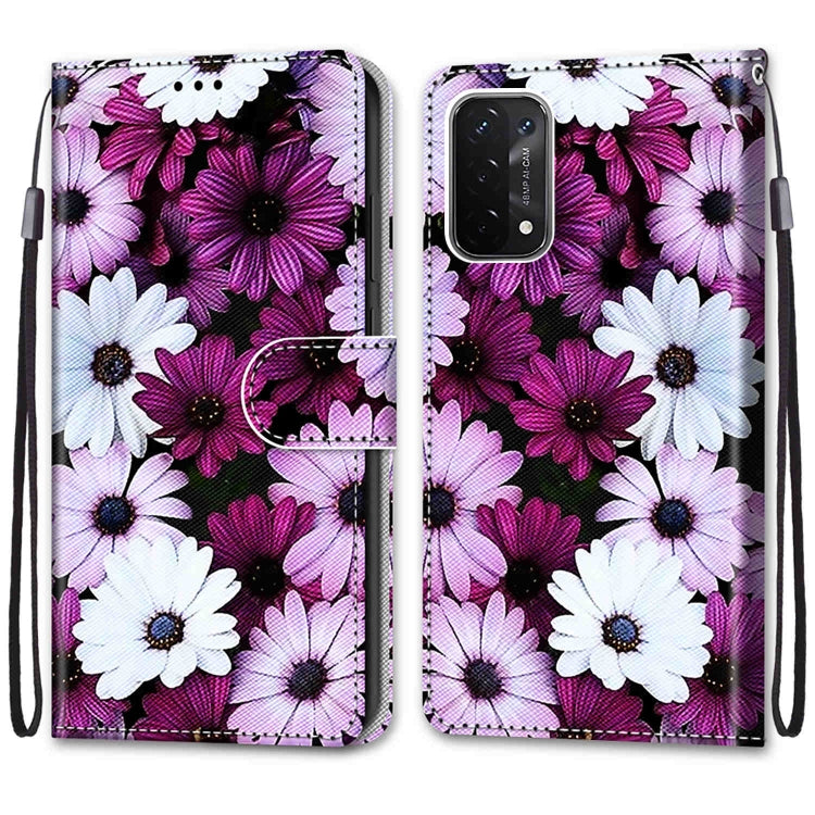 For OPPO A93 5G / A93s 5G / A54 5G / A74 5G Coloured Drawing Cross Texture Horizontal Flip PU Leather Case with Holder & Card Slots & Wallet & Lanyard(Chrysanthemum Pink White Purple) - OPPO Cases by buy2fix | Online Shopping UK | buy2fix