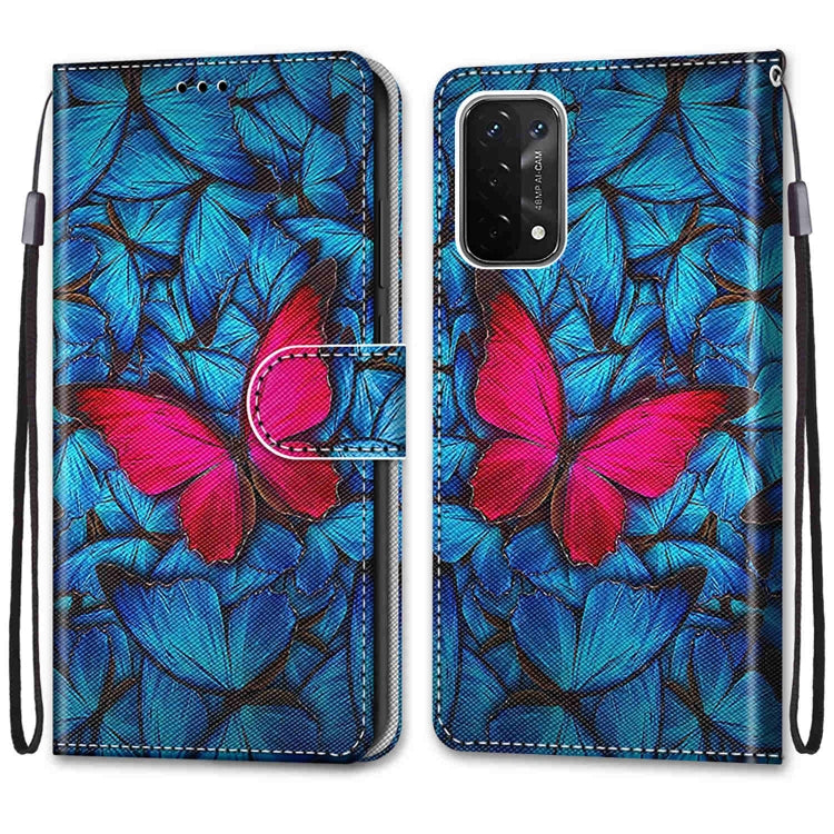 For OPPO A93 5G / A93s 5G / A54 5G / A74 5G Coloured Drawing Cross Texture Horizontal Flip PU Leather Case with Holder & Card Slots & Wallet & Lanyard(Blue Red Butterfly) - OPPO Cases by buy2fix | Online Shopping UK | buy2fix