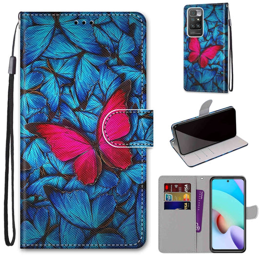 For Xiaomi Redmi 10 Coloured Drawing Cross Texture Horizontal Flip PU Leather Case with Holder & Card Slots & Wallet & Lanyard(Blue Red Butterfly) - Xiaomi Cases by buy2fix | Online Shopping UK | buy2fix