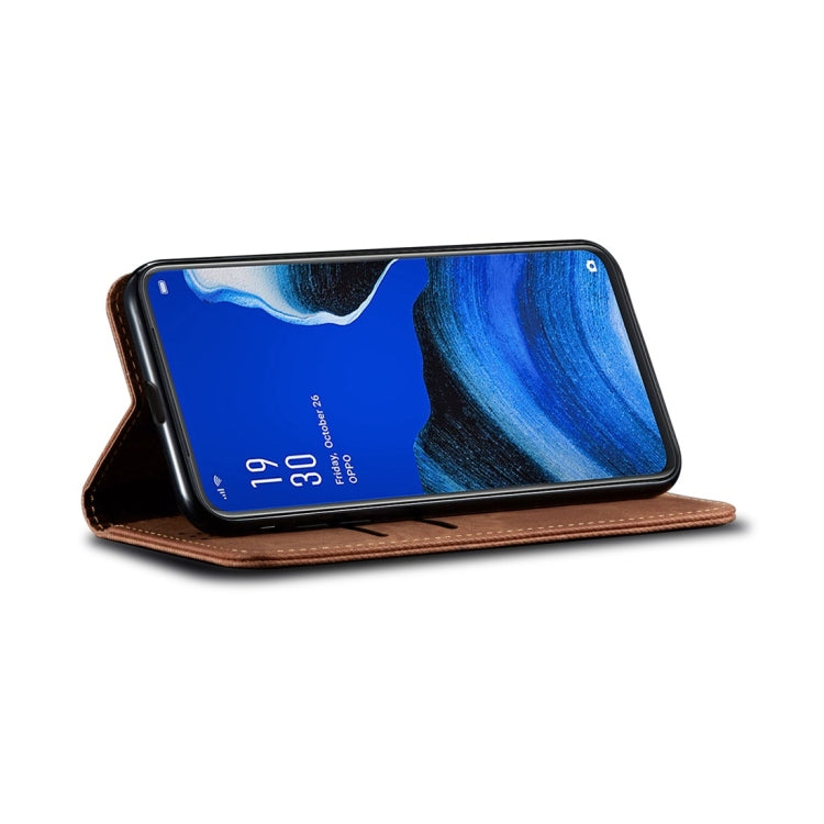 For OPPO Reno 2 Denim Texture Casual Style Horizontal Flip Leather Case with Holder & Card Slots & Wallet(Brown) - OPPO Cases by buy2fix | Online Shopping UK | buy2fix