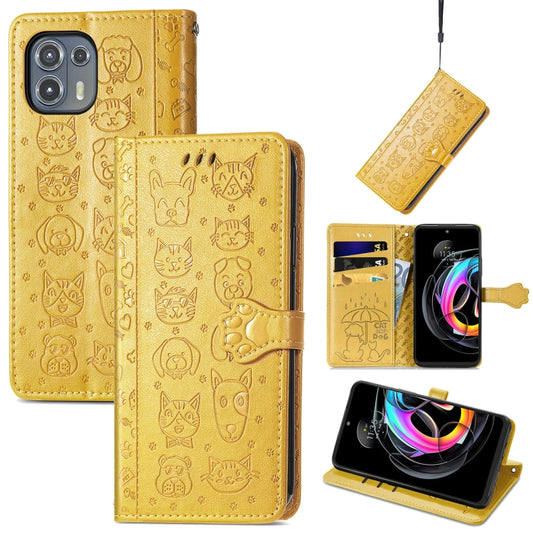 For Motorola Moto Edge 20 Lite Lovely Cat and Dog Embossing Pattern Horizontal Flip Leather Case , with Holder & Card Slots & Wallet & Cartoon Clasp & Lanyard(Yellow) - Motorola Cases by buy2fix | Online Shopping UK | buy2fix