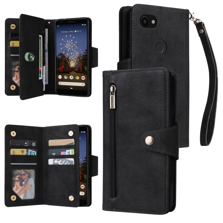 For Google Pixel 3A Rivet Buckle 9 Cards Three Fold Leather Phone Case(Black) - Google Cases by buy2fix | Online Shopping UK | buy2fix