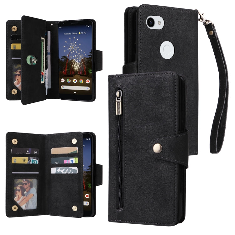 For Google Pixel 3A XL Rivet Buckle 9 Cards Three Fold Leather Phone Case(Black) - Google Cases by buy2fix | Online Shopping UK | buy2fix