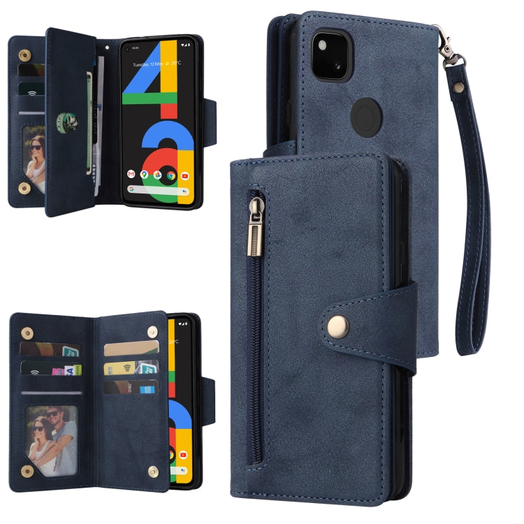 For Google Pixel 4A 4G Rivet Buckle 9 Cards Three Fold Leather Phone Case(Blue) - Google Cases by buy2fix | Online Shopping UK | buy2fix