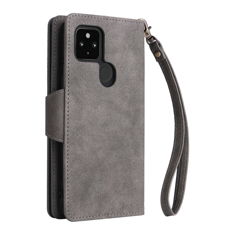 For Google Pixel 4A 5G Rivet Buckle 9 Cards Three Fold Leather Phone Case(Grey) - Google Cases by buy2fix | Online Shopping UK | buy2fix