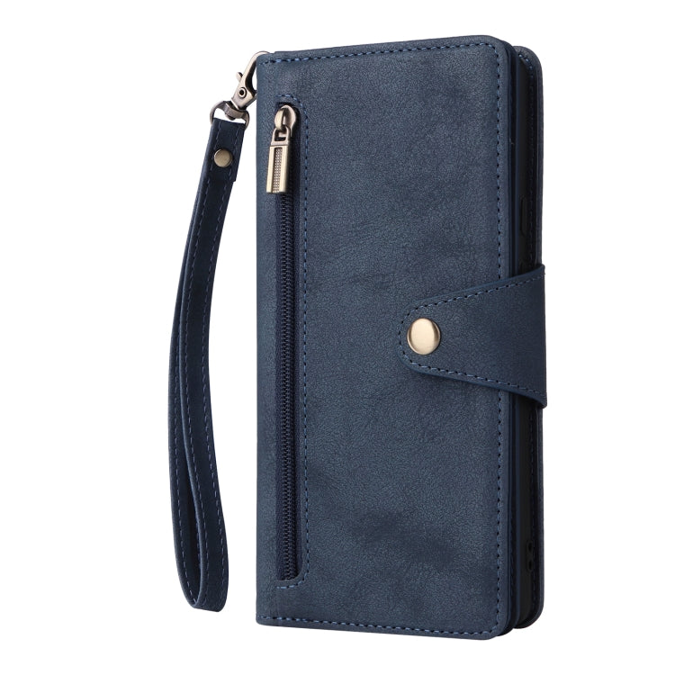 For Google Pixel 6 Rivet Buckle 9 Cards Three Fold Leather Phone Case(Blue) - Google Cases by buy2fix | Online Shopping UK | buy2fix