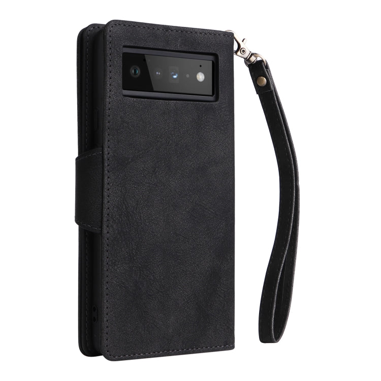 For Google Pixel 6 Pro Rivet Buckle 9 Cards Three Fold Leather Phone Case(Black) - Google Cases by buy2fix | Online Shopping UK | buy2fix