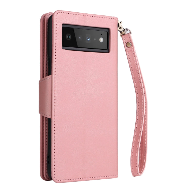 For Google Pixel 6 Pro Rivet Buckle 9 Cards Three Fold Leather Phone Case(Rose Gold) - Google Cases by buy2fix | Online Shopping UK | buy2fix