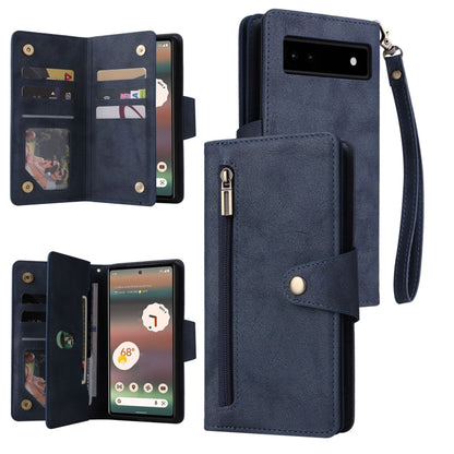 For Google Pixel 6a Rivet Buckle 9 Cards Three Fold Leather Phone Case(Blue) - Google Cases by buy2fix | Online Shopping UK | buy2fix