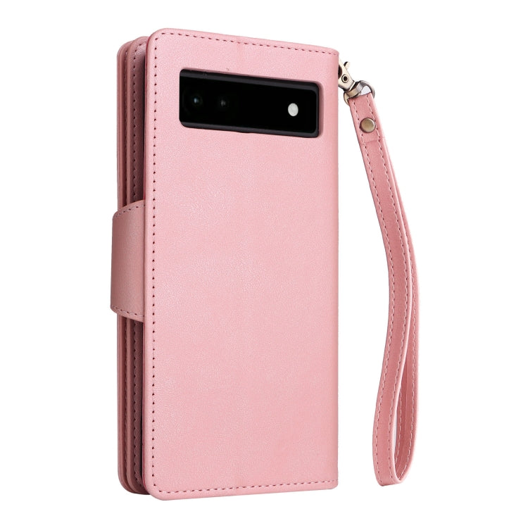 For Google Pixel 6a Rivet Buckle 9 Cards Three Fold Leather Phone Case(Rose Gold) - Google Cases by buy2fix | Online Shopping UK | buy2fix