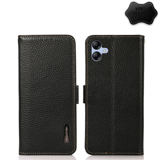 For Samsung Galaxy A04e KHAZNEH Side-Magnetic Litchi Genuine Leather RFID Phone Case(Black) - Galaxy Phone Cases by buy2fix | Online Shopping UK | buy2fix