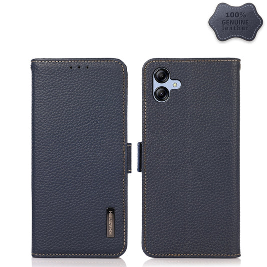 For Samsung Galaxy A04e KHAZNEH Side-Magnetic Litchi Genuine Leather RFID Phone Case(Blue) - Galaxy Phone Cases by buy2fix | Online Shopping UK | buy2fix