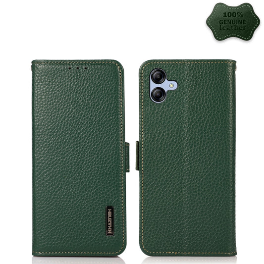 For Samsung Galaxy A04e KHAZNEH Side-Magnetic Litchi Genuine Leather RFID Phone Case(Green) - Galaxy Phone Cases by buy2fix | Online Shopping UK | buy2fix