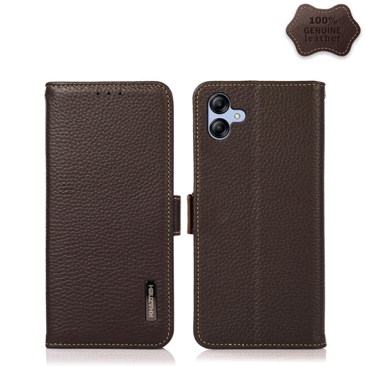 For Samsung Galaxy A04e KHAZNEH Side-Magnetic Litchi Genuine Leather RFID Phone Case(Brown) - Galaxy Phone Cases by buy2fix | Online Shopping UK | buy2fix