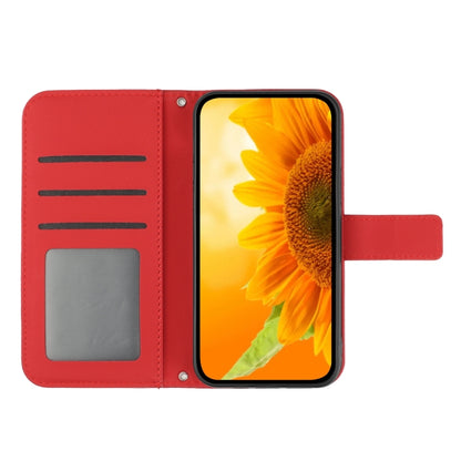 For OPPO A58 5G/A78 5G HT04 Skin Feel Sun Flower Embossed Flip Leather Phone Case with Lanyard(Red) - OPPO Cases by buy2fix | Online Shopping UK | buy2fix