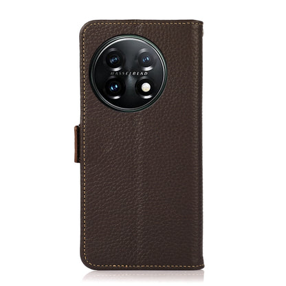 For OnePlus 11 KHAZNEH Side-Magnetic Litchi Genuine Leather RFID Phone Case(Brown) - OnePlus Cases by buy2fix | Online Shopping UK | buy2fix