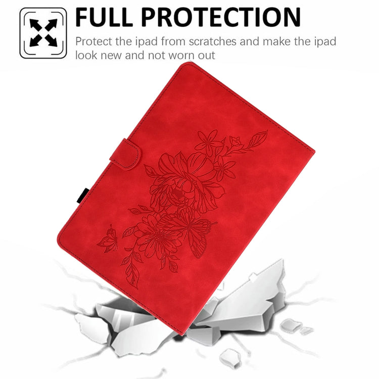 For Samsung Galaxy Tab S7 / S8 Peony Butterfly Embossed Leather Smart Tablet Case(Red) - Galaxy Tab S7 by buy2fix | Online Shopping UK | buy2fix