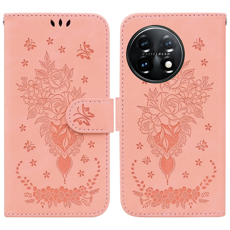 For OnePlus 11 Butterfly Rose Embossed Leather Phone Case(Pink) - OnePlus Cases by buy2fix | Online Shopping UK | buy2fix