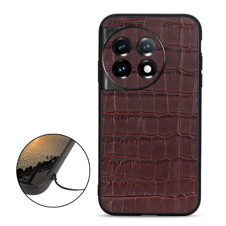 For OnePlus 11 5G Accurate Hole Crocodile Texture Genuine Leather Phone Case(Brown) - OnePlus Cases by buy2fix | Online Shopping UK | buy2fix