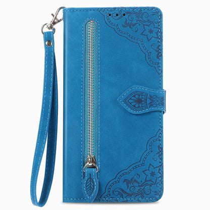 For Blackview A85 Embossed Flower Zipper Leather Phone Case(Blue) - More Brand by buy2fix | Online Shopping UK | buy2fix