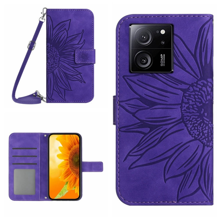 For Xiaomi 13T / 13T Pro Skin Feel Sun Flower Embossed Flip Leather Phone Case with Lanyard(Dark Purple) - Xiaomi Cases by buy2fix | Online Shopping UK | buy2fix