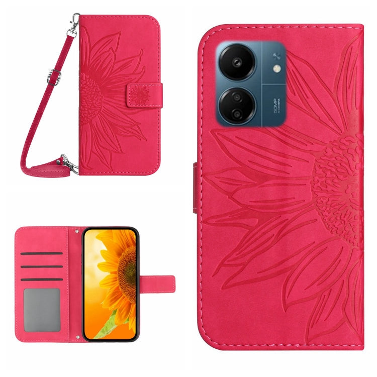 For Xiaomi Redmi 13C 4G Skin Feel Sun Flower Embossed Flip Leather Phone Case with Lanyard(Rose Red) - 13C Cases by buy2fix | Online Shopping UK | buy2fix