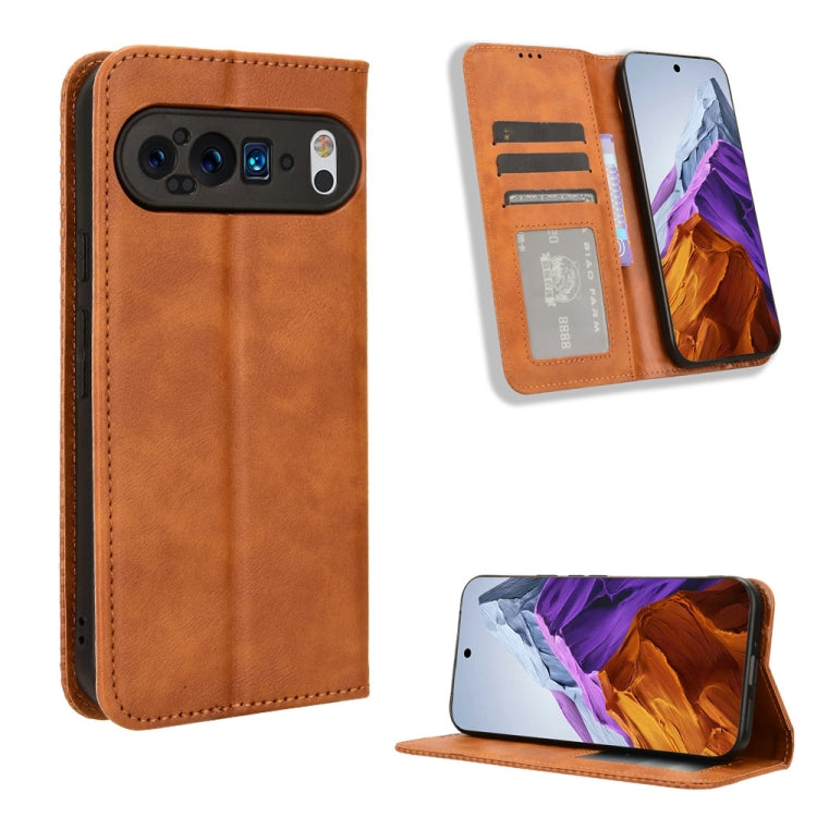 For Google Pixel 9 Magnetic Buckle Retro Texture Leather Phone Case(Brown) - Google Cases by buy2fix | Online Shopping UK | buy2fix