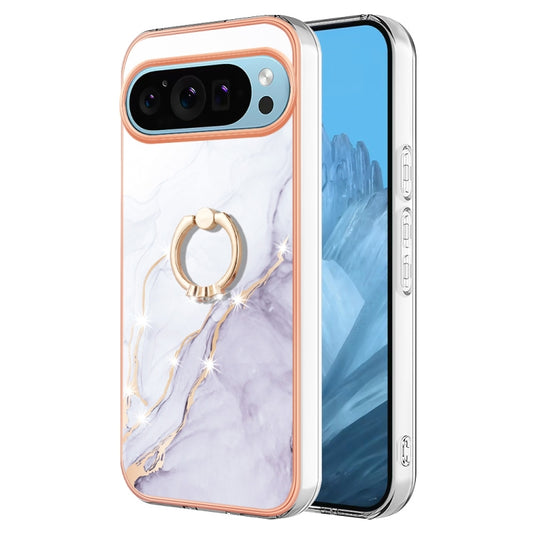 For Google Pixel 9 / 9 Pro Electroplating Marble IMD TPU Phone Case with Ring Holder(White 006) - Google Cases by buy2fix | Online Shopping UK | buy2fix