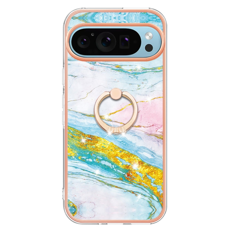 For Google Pixel 9 / 9 Pro Electroplating Marble IMD TPU Phone Case with Ring Holder(Green 004) - Google Cases by buy2fix | Online Shopping UK | buy2fix